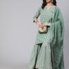 Women Green Woven Straight Ethnic Printed Embroidered Kurta With Printed Palazzo & Solid Dupatta With Print And Lace Taping