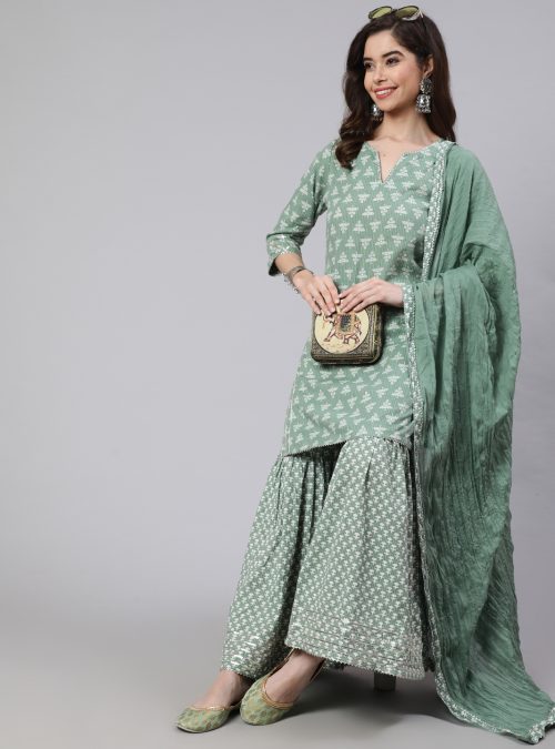 Women Green Woven Straight Ethnic Printed Embroidered Kurta With Printed Palazzo & Solid Dupatta With Print And Lace Taping