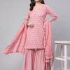 Women Pink Woven Straight Ethnic Embroidered Kurta With Palazzo And Dupatta