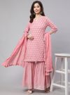 Women Pink Woven Straight Ethnic Embroidered Kurta With Palazzo And Dupatta