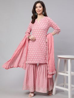 Women Pink Woven Straight Ethnic Embroidered Kurta With Palazzo And Dupatta