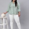 Women Plus Size Green Woven Printed Pleated Top