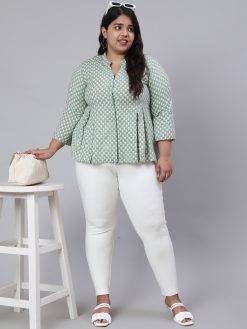 Women Plus Size Green Woven Printed Pleated Top