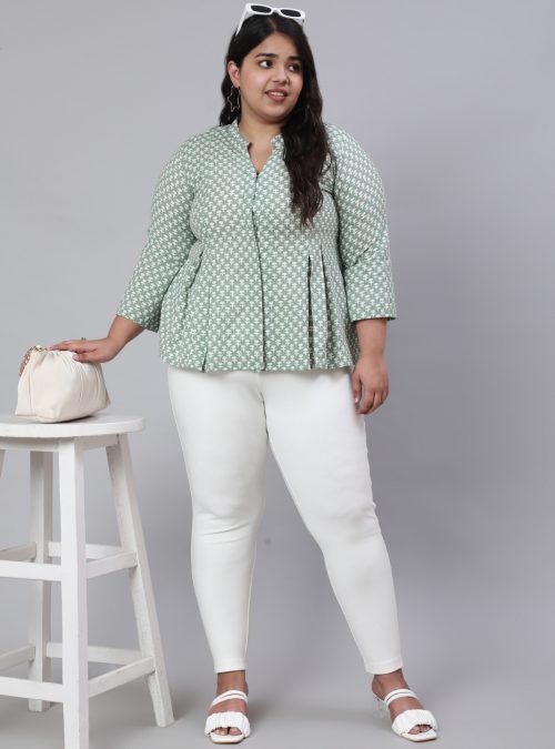 Women Plus Size Green Woven Printed Pleated Top