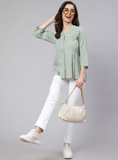 Women Green Woven Printed Pleated Top