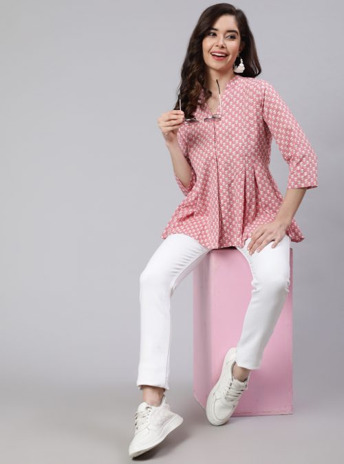 Women Pink Woven Printed Pleated Top