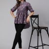 Purple Woven Silk Blend Gold Printed Peplum Hip-Low Top