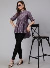 Purple Woven Silk Blend Gold Printed Peplum Hip-Low Top