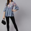 Women Grey Woven Silk Blend Peplum Top