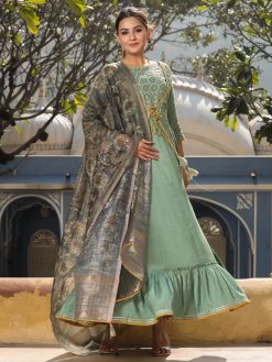 Amaiva Green Silk Blend Long Kurta With Chanderi Dupatta