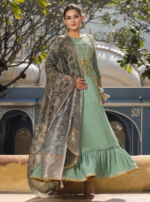 Amaiva Green Silk Blend Long Kurta With Chanderi Dupatta