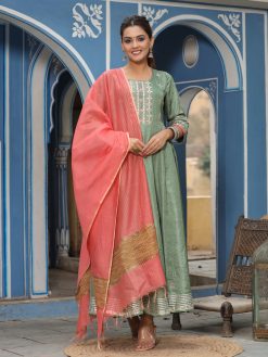 Olive Green Silk Blend Embroidered Anarkali Kurta With Dupatta