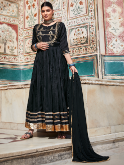 Black Zardozi Work Anarkali Kurta With Organza Dupatta