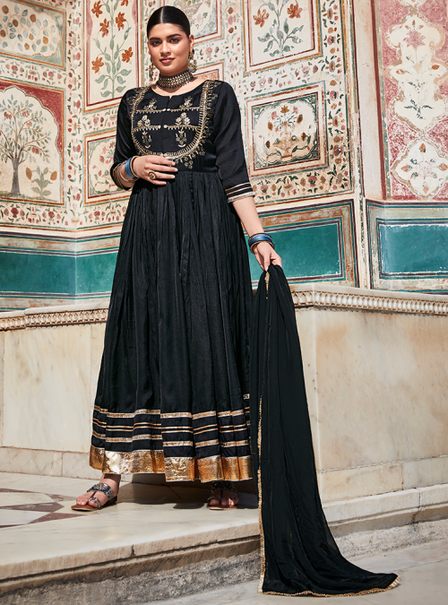 Black Zardozi Work Anarkali Kurta With Organza Dupatta