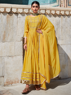 Yellow Zardozi Work Anarkali Kurta With Dupatta