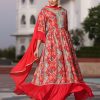 Red Muslin Printed Embroidered Kurta With Dupatta