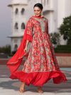 Red Muslin Printed Embroidered Kurta With Dupatta