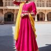 Pink Zari Work Anarkali Kurta With Yellow Organza Dupatta