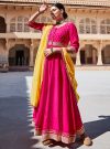 Pink Zari Work Anarkali Kurta With Yellow Organza Dupatta