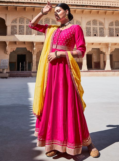 Pink Zari Work Anarkali Kurta With Yellow Organza Dupatta
