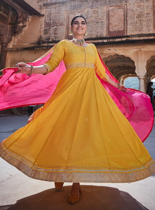 Yellow Zari Work Anarkali Kurta With Organza Dupatta