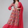 Women Pink Embroidered Kurta With Solid Dupatta