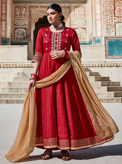 Maroon Silk Anarkali Kurta With Trouser And Dupatta