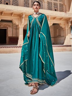 Rama Green Zardozi Silk Long Kurta With Embroidered Dupatta