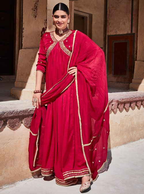 Red Zardozi Silk Long Kurta With Organza Dupatta