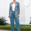 Blue Printed Embroidered Velvet Jacket With Cream Crop Top And Pants