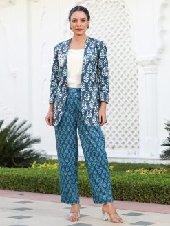 Blue Printed Embroidered Velvet Jacket With Cream Crop Top And Pants