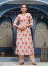 Beige Flared Floral Print Kurta With Pants