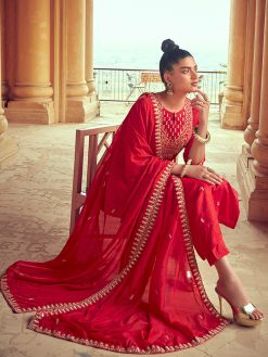 Red Straight Embroidered Kurta With Pants And Dupatta
