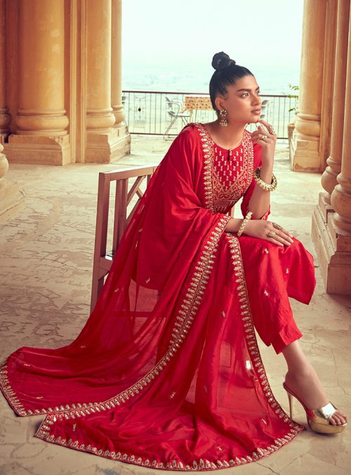 Red Straight Embroidered Kurta With Pants And Dupatta