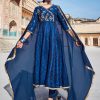 Blue Silk Dobby Embroidered Anarkali Long Kurta With Silk Blend Trousers And Organza Embroidered Dupatta.