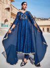 Blue Silk Dobby Embroidered Anarkali Long Kurta With Silk Blend Trousers And Organza Embroidered Dupatta.