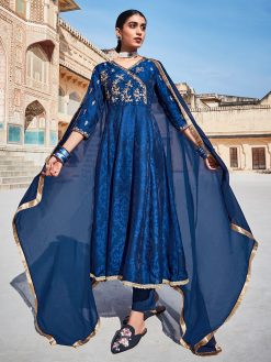 Blue Silk Dobby Embroidered Anarkali Long Kurta With Silk Blend Trousers And Organza Embroidered Dupatta.