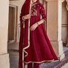 Maroon Silk Dobby Embroidered Anarkali Long Kurta With Silk Blend Trousers And Organza Embroidered Dupatta.