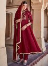 Maroon Silk Dobby Embroidered Anarkali Long Kurta With Silk Blend Trousers And Organza Embroidered Dupatta.