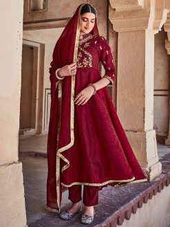 Maroon Silk Dobby Embroidered Anarkali Long Kurta With Silk Blend Trousers And Organza Embroidered Dupatta.