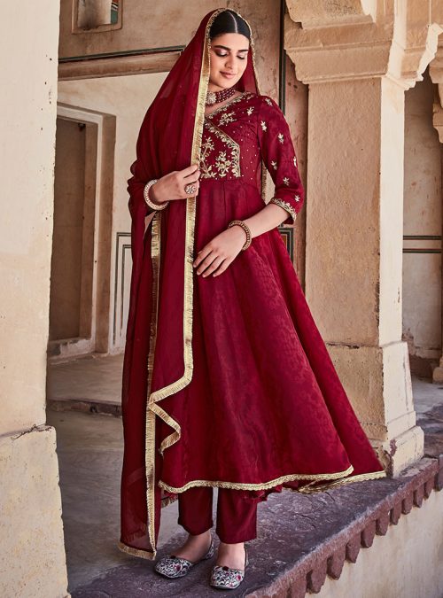 Maroon Silk Dobby Embroidered Anarkali Long Kurta With Silk Blend Trousers And Organza Embroidered Dupatta.