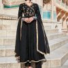 Black Silk Dobby Embroidered Anarkali Long Kurta With Silk Blend Trousers And Organza Embroidered Dupatta.