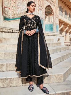 Black Silk Dobby Embroidered Anarkali Long Kurta With Silk Blend Trousers And Organza Embroidered Dupatta.