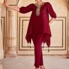 Maroon Handkerchief Mirror Embellished Silk Top With Trousers