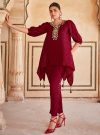 Maroon Handkerchief Mirror Embellished Silk Top With Trousers