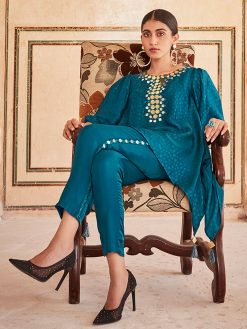 Teal Hankerchief Mirror Embellished Silk Top With Trouser