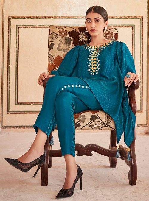 Teal Hankerchief Mirror Embellished Silk Top With Trouser
