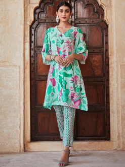 Green Embellished Kurta With Muslin Printed Trousers