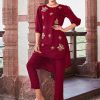 Maroon Self Weave Embroidered Top With Solid Silk Pants