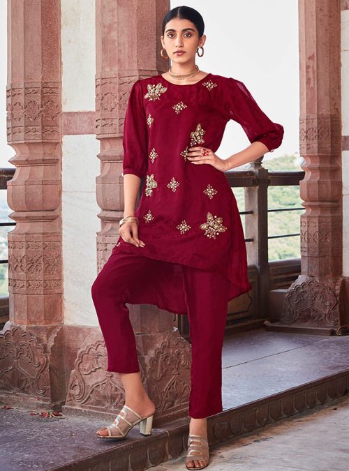 Maroon Self Weave Embroidered Top With Solid Silk Pants